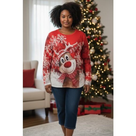 Rudolph & Snowflake Print Red Christmas Top Women's 5XL - Picture 1 of 7